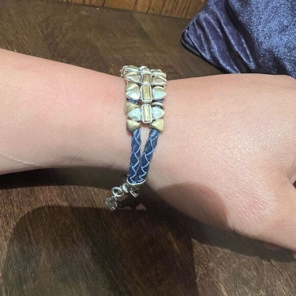 Lucky Brand Two Tone NAVY BLUE Leather Corded Bracelet Toggle metal festival - Picture 1 of 5